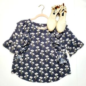 3/4 Sleeve Cascade Floral Ruffle Top Size Small